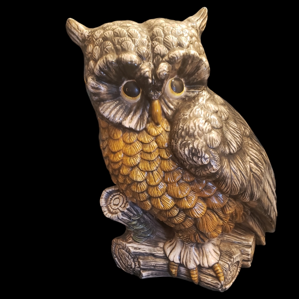 Vintage Atlantic Mold HUGE 21" Ceramic Hand Painted Grey Owl 1973 Signed 'LB'